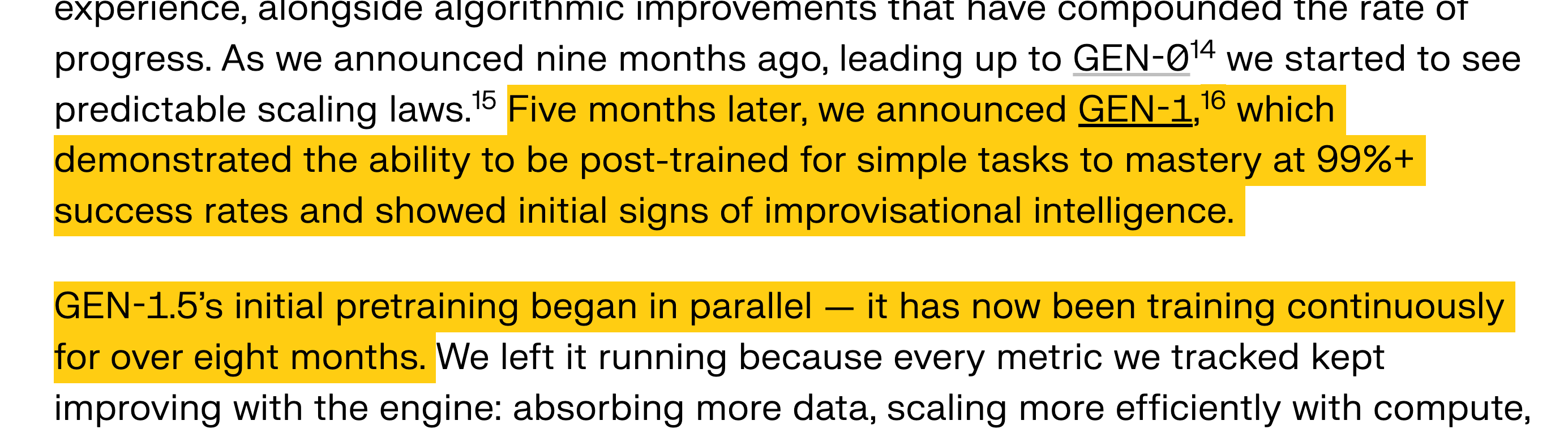 GEN-1.5 official statement: initial pretraining began in parallel and ran continuously for over eight months